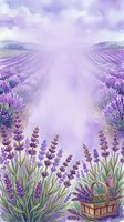 Watercolor lavender field landscape with purple flowers, basket and butterfly in soft pastel tones for relaxation and aromatherapy designs.