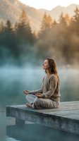 Young woman practicing meditation in lotus pose on wooden dock at misty mountain lake during golden hour sunrise for mindfulness and wellness lifestyle.