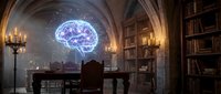 Glowing holographic brain floating above antique wooden desk in medieval library with stone arches, bookshelves and candlelight creating mystical atmosphere.