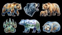 Watercolor bear sticker set isolated on transparent background, featuring grizzly, cub, paw print, sleeping bear, and nature silhouette, ready for clipart, t-shirt design, and print on demand.