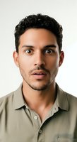 Portrait of a young man with dark curly hair and olive skin tone wearing a khaki button-up shirt, displaying a surprised expression against a neutral background.