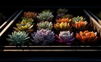 Colorful succulent plants in wooden box, variety of echeveria with rosette-shaped leaves in green, purple, and orange hues against dark background.