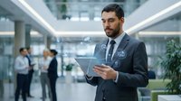 Caucasian male professional in dark business suit and tie holding tablet device in modern office corridor with colleagues and plants in background.