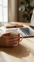 Hands holding white coffee mug at wooden desk with laptop and notebook in cozy home office workspace for remote work and productivity.