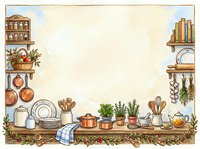 Watercolor cozy kitchen frame with wooden shelves, copper pots, herbs, and utensils, featuring a blank center space for text or recipes.