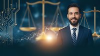 Professional businessman lawyer with scales of justice and financial charts representing legal technology and corporate law services.