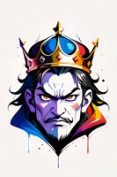 Fierce crowned king portrait with intense gaze and flowing dark hair in vibrant watercolor splash style against white background, featuring dramatic color gradient effects.