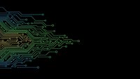 Digital circuit board pattern with glowing green and blue electronic pathways on black background for technology and computing projects.