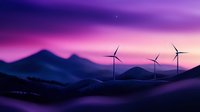 Wind turbines silhouetted against purple and pink sunset sky over mountain landscape, renewable energy concept for sustainable power generation.