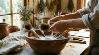 Hands preparing fresh herbs in wooden mortar and pestle on rustic kitchen counter with natural lighting and dried herb bundles hanging in background.