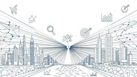 Business growth concept with city skyline, network connections and strategic icons in minimalist line art style for corporate presentations.