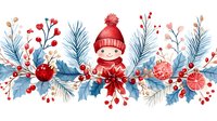 Festive winter border with red knit character, berries, pine branches and holiday decorations in watercolor style. Seamless horizontal pattern for seasonal design.