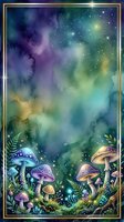 Enchanted forest scene with glowing mushrooms, ferns, and starry night sky in purple, green, and gold tones. Magical woodland landscape for fantasy art, book covers, and mystical designs.
