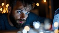 Bearded Caucasian man with intense blue eyes illuminated by computer screen light at night, bokeh lights in background create dramatic atmosphere for cybersecurity concepts.