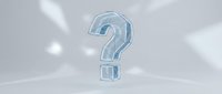 Transparent ice crystal question mark symbol on white background with light rays and sparkles for design projects and presentations.