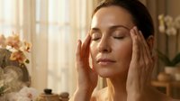 Middle-aged Caucasian woman practicing facial massage with closed eyes in warm sunlit room, self-care wellness routine for stress relief and relaxation.