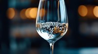 Elegant wine glass filled with sparkling liquid and rising bubbles against blurred warm bokeh background creates luxurious atmosphere for restaurant menu design.