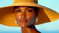 Elegant African American woman wearing wide brim straw hat and crystal earrings against blue sky background, bathed in warm golden sunset light, fashion portrait.