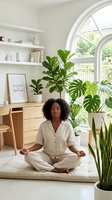 Woman of African descent meditating in serene wellness space with potted plants, natural light from arched window, wooden furniture and mindfulness decor for yoga and mental health content.