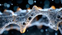 Macro photography of soap bubbles forming delicate translucent structures with bokeh lights in background, creating abstract artistic composition in blue and gold tones.