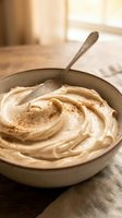 Creamy hummus dip with cinnamon sprinkle in ceramic bowl with spoon on linen cloth, ready for serving or cooking use.