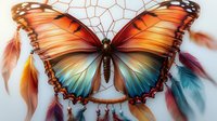 Magical monarch butterfly dreamcatcher with orange and turquoise wings, adorned with colorful feathers and beads against light background, spiritual art concept.