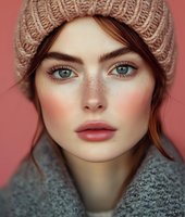 Young Caucasian woman with freckles wearing pink knit beanie and gray sweater against coral background for winter fashion and beauty concepts.