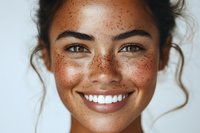 Young Asian woman with freckles and natural makeup smiling brightly at camera, showing white teeth against light background, radiating happiness and confidence.
