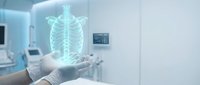 Doctor hands displaying holographic human skeleton anatomy in modern medical facility for healthcare technology and diagnostic education purposes.