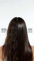Hair treatment before and after comparison showing damaged frizzy hair transformed to silky smooth brunette locks on white background.