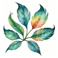 Decorative arrangement of gradient colored leaves in teal, green and coral tones on white background, isolated botanical illustration for design projects.