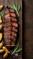 Sliced grilled beef steak with herbs and roasted potatoes on rustic wooden cutting board. Gourmet meat dish with sage leaves and sea salt for culinary content.