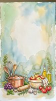 Watercolor kitchen background with cooking utensils, fresh vegetables, herbs, and olive oil, featuring soft pastel tones and copy space for text.