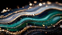 Luxurious abstract fluid art with emerald green and gold flowing waves, sparkling glitter details creating elegant organic patterns for premium design projects.