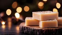 Homemade caramel fudge squares on rustic wooden slice against dark background with golden bokeh lights creating cozy festive atmosphere. Perfect for holiday designs.