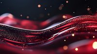 Flowing red waves with glittering particles and bokeh effects on dark background create dynamic abstract composition for luxury designs and festive backgrounds.