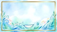 Watercolor illustration of smiling mouth with flowing water waves and botanical leaf elements, isolated on white background, suitable for dental care, wellness, and design projects.