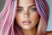 Young woman with vibrant multicolored pastel hair in pink, purple and blue tones, bright blue eyes, natural makeup and full lips against blurred background.
