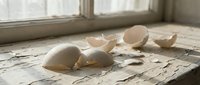 Broken eggshells scattered on weathered wooden surface near window with soft natural lighting creating shadows and texture for cooking concepts.