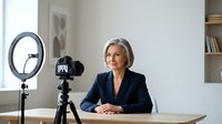 Mature woman with gray hair and light skin tone, wearing dark blazer, recording video content with professional ring light and camera on tripod, suitable for business, education, and online course creation.
