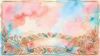 Watercolor floral banner with roses, hearts, and decorative scrolls in soft pink, blue, and coral tones. Isolated design element ready for invitations, greeting cards, and craft projects.