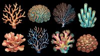 Colorful coral reef elements set, isolated on transparent background, ready for ocean-themed t-shirts, stickers, clipart, sublimation, and print on demand design use.