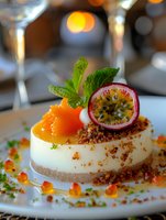 Elegant cheesecake dessert garnished with fresh mandarin segments, passion fruit, mint leaves and cookie crumbs on white plate with festive bokeh background.