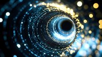 Glowing blue and gold tunnel with sparkling light particles creating dynamic perspective effect, abstract background with bokeh and motion blur.
