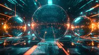 Futuristic spheres with glowing binary code pattern floating in dark space surrounded by neon orange and turquoise light beams creating digital technology atmosphere.