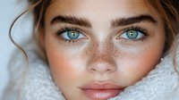 Close up portrait of young woman with natural freckles, bright blue eyes and soft makeup against white background. Fresh natural beauty concept.