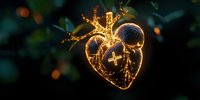 Glowing anatomical heart with golden light trails and electric sparks floating in dark space, mystical healing energy concept for wellness and spirituality.