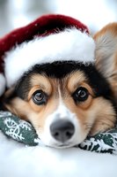 Adorable Pembroke Welsh Corgi wearing red Santa hat resting on winter pattern fabric, close-up portrait showing expressive eyes and sweet facial expression during holiday season.