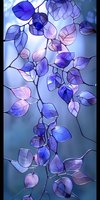 Delicate translucent leaves in shades of purple and blue create an ethereal natural pattern against soft light, showcasing intricate botanical details and veining.
