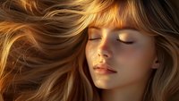 Serene young woman with flowing golden hair and freckles, eyes closed in peaceful meditation as warm sunlight illuminates her face.